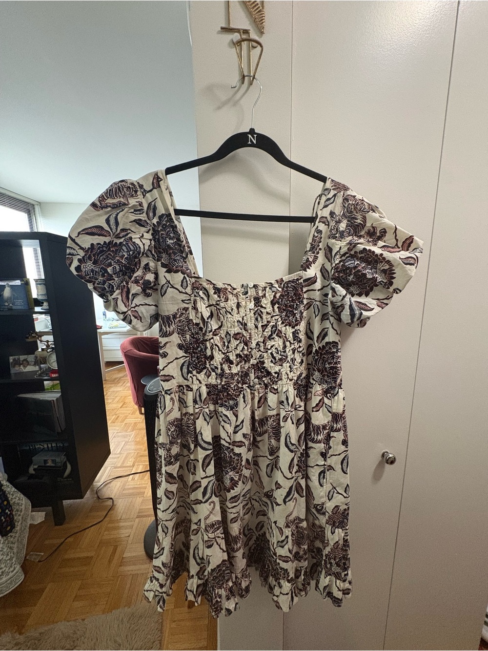 Floral Smocked Puff-Sleeve Mini Dress - Cream & Brown